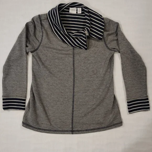 Weekend by Chico's Striped Collar Top Sz 0 (S/M) Cowl Neck Gray Blue Long Sleeve - Picture 4 of 16